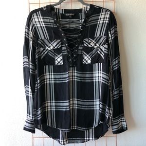EXPRESS | Black Lace-Up Plaid Top